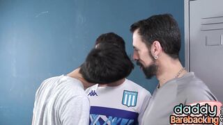 Barebacking DILFS fuck twink un public locker room 3some