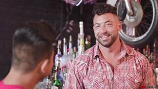 Cute Asian guy sucks the bartenders big dick