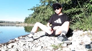 Sexy twink jerks off, cums on his leg, Jon Arteen is a sexy Asian boy who wears an Adidas black tshirt, short short, white socks, sneakers