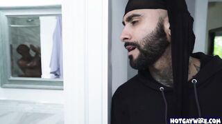 He surprised the thief jerking off before getting stuck in the window - gay porn