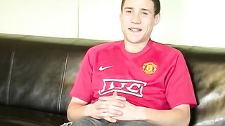 Handsome young Brit masturbates and cums after an interview