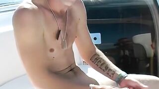 Young jock Matt H masturbates his huge dick outdoor and cums