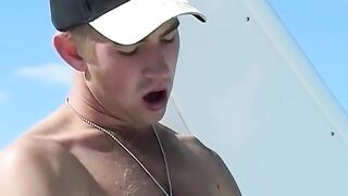 Young jock Matt H masturbates his huge dick outdoor and cums