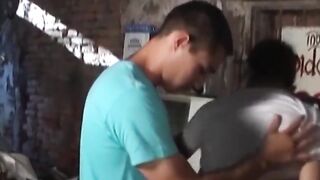 Young Euro farmhand eating cum after doggystyle drilling