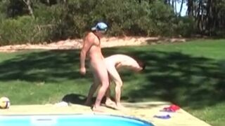 Horny jock fucks boyfriend at private outdoor pool