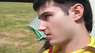 Outdoor anal threesome with skinny twink boy scouts