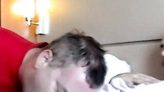 Fat mature homosexual receives cum in mouth after 3way BJ