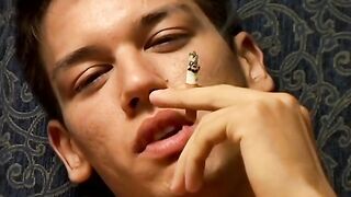 Skinny Latino Jordan smoking while wanking his cock solo