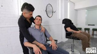 Dark-haired Hotties San Bass & Killiam Wesker Swap Sloppy Blowjobs On The Barber Chair -Hot Dudes