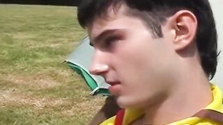 Outdoor anal threesome with skinny twink boy scouts