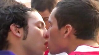 Young Euro jocks cum hard after fucking in cafe orgy