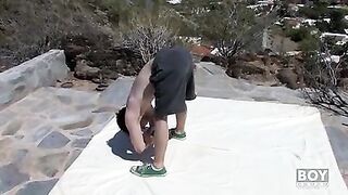 Handsome yoga enthusiast Jesse Jordan tugs his long cock