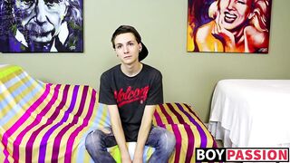 Skinny cutie gets interviewed and then he toys with his dick