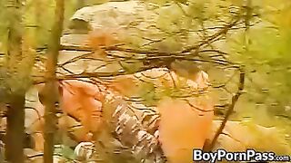 Skinny twink spitroasted by two big cocks in the forest