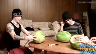 Straight inked guys fuck watermelons until cumming