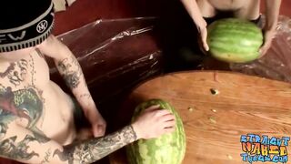 Straight inked guys fuck watermelons until cumming