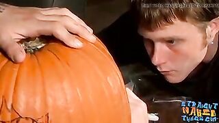 Deviant straight guys are fucking a pumpkin and masturbating