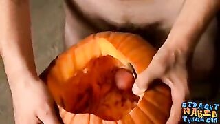 Deviant straight guys are fucking a pumpkin and masturbating