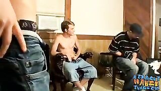 Group of guys has fun as they stroke their dicks together