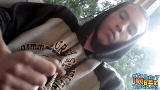 Homosexual thug takes a smoke outdoors and jacks off