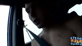 Young straight thuggish dude stroking dick publicly in car