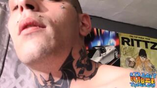 Straight tattooed thug Drac cums while tugging big cock