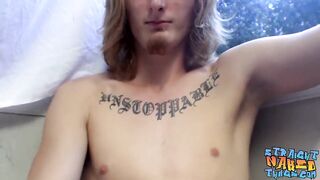 Tattooed gay thug has solo cock play and unloads jizz