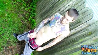 Straight bad boy Blinx strokes his big dick outdoor and cums