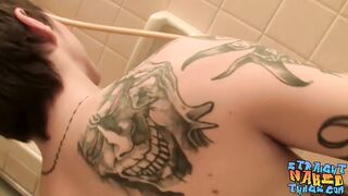 Tattooed straight thug Blinx masturbates cock and cums solo