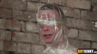 Cameron James getting wrapped in plastic and a hot handjob