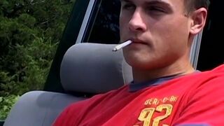 Lusty twink fuckers masturbate together and smoke outdoors