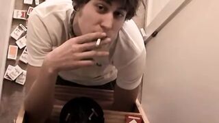 Pierced twink Carl Alexander strokes his dick while smoking