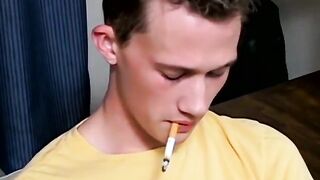 Skinny cigar smoker plays with his hairy cock and cums