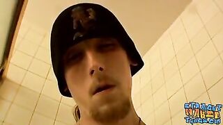 Skinny Shamus tugging straight cock in bathtub solo