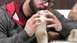 Muscle stud Trevor jerking off and foot worship cumshot