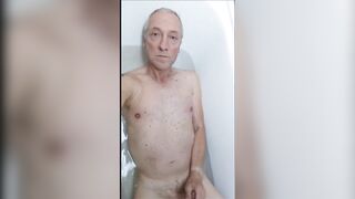 Grandpa Daddy Exhibitionist Jerking in Bath with Messy Belly Cumshot