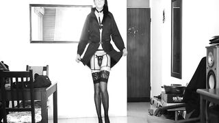 The stewardess is ready for 1 flight in a sexy outfit.