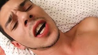 Cock sucking guys in bed busting cum load after fucking ass