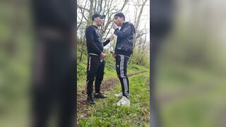 Two hot, horny boys smoking and wanking their dicks outdoors