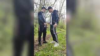 Two hot, horny boys smoking and wanking their dicks outdoors