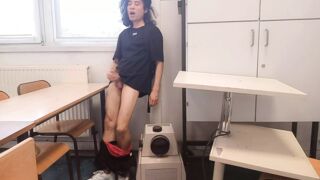 Cum at school, this horny student twink wanks his smooth cock and squirts jizz riskyly at school in a classroom on classmate des