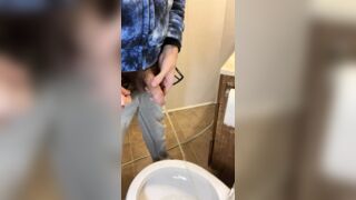 Side view of my very hairy big uncut dick pissing in the toilet