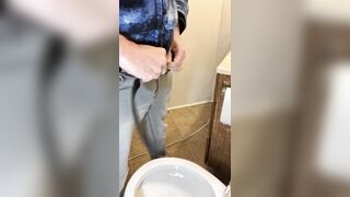 Side view of my very hairy big uncut dick pissing in the toilet