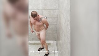 Ginger takes a shower in the gym