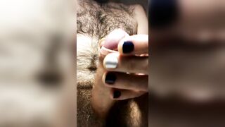 Hairy uncut guy with painted nails close-up pre-cum and cum