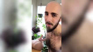 Side view of very hairy skinny bearded white guy fucks sex doll on the table (with a short first-recorded dildo suck)