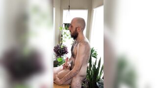 Side view of very hairy skinny bearded white guy fucks sex doll on the table (with a short first-recorded dildo suck)