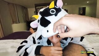 Dreichwe in a cow pijama sucking and riding my big uncut cock until he earns my hot milk