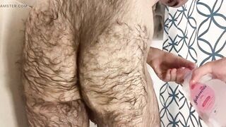 Showing off my very hairy white ass in the shower: spanking, washing, oiling, spreading, and fingering my virgin asshole