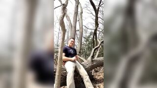 Public masturbating in the woods, jerking-off outside, jerking off on a log, stroking my cock showing AE boxers!